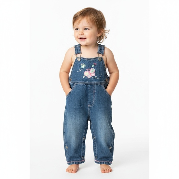 Vintage 90s Overalls Baby Girl Size 6-9 M Sonoma Butterfly Bib Embroidered - Picture 1 of 10